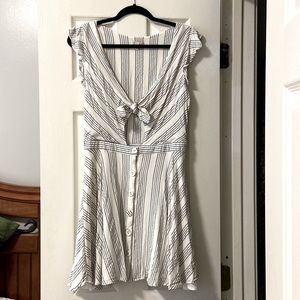 Striped linen tie front dress with key hole cut out and button skirt